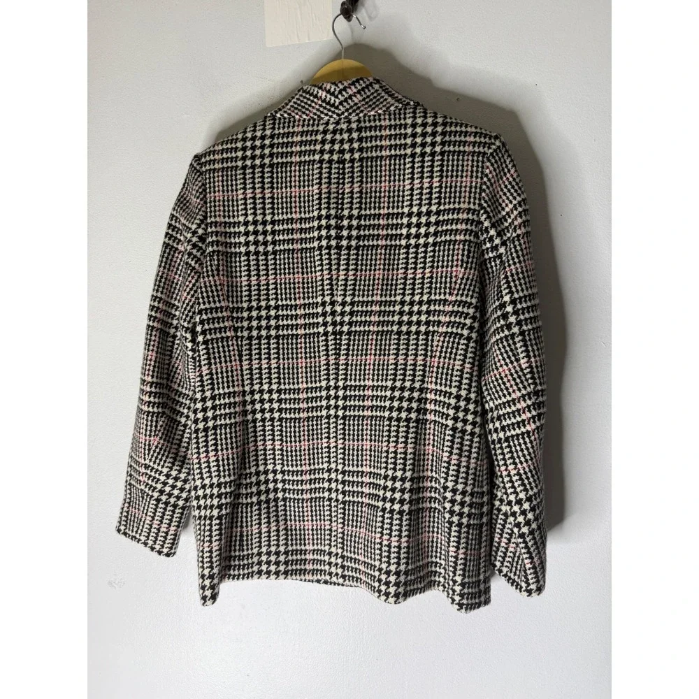 VINTAGE Talbots Petite Houndstooth Preppy Wool Blazer Black‎ White Red Plaid 6P